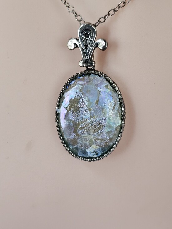 Estate Jewelry - Authentic Roman Glass Pendant & Chain Sterling Silver 20"